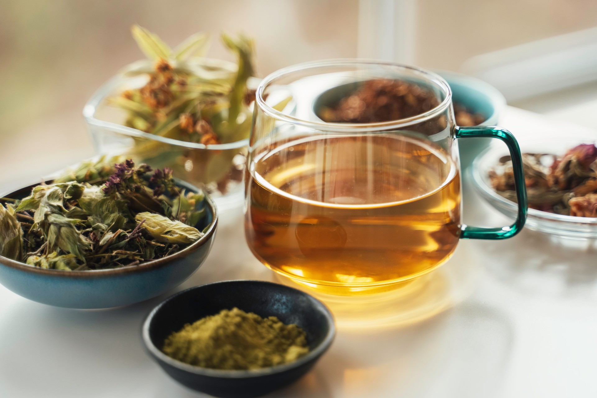 Warm Tea Surrounded by Natural Dried Herbs